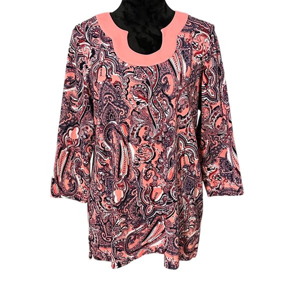 Kim Rogers Tops - Kim Rogers Womens XL Paisley Tunic Top Coral Navy 3/4 Sleeve Cotton Blouse Boho
